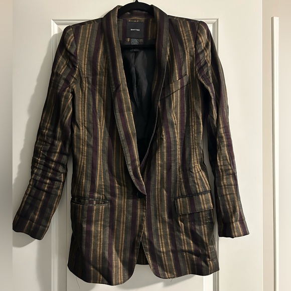 SMYTHE Linen Blend Single Button Closure Striped Blazer - Size 4 - Picture 2 of 7